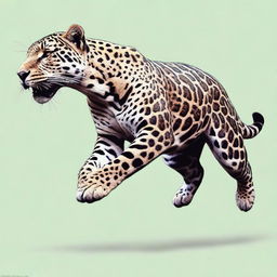 A realistic illustration of a male jaguar in mid-leap, shown in profile with a full body view