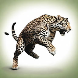 A realistic illustration of a male jaguar in mid-leap, shown in profile with a full body view