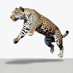 A realistic illustration of a male jaguar in mid-leap, shown in profile with a full body view