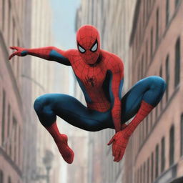 A detailed illustration of Spider-Man from the 2002 movie, swinging between buildings in New York City