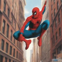 A detailed illustration of Spider-Man from the 2002 movie, swinging between buildings in New York City