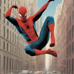 A detailed illustration of Spider-Man from the 2002 movie, swinging between buildings in New York City