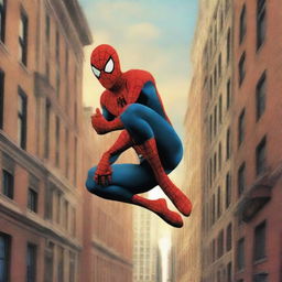 A detailed illustration of Spider-Man from the 2002 movie, swinging between buildings in New York City