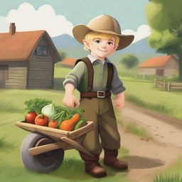 A young blonde halfling farmer boy ranger pushing a wheelbarrow filled with freshly harvested vegetables