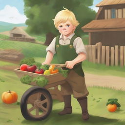 A young blonde halfling farmer boy ranger pushing a wheelbarrow filled with freshly harvested vegetables