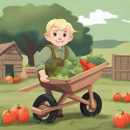 A young blonde halfling farmer boy ranger pushing a wheelbarrow filled with freshly harvested vegetables