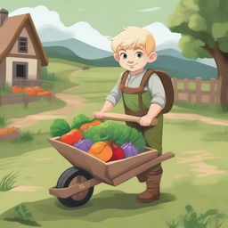 A young blonde halfling farmer boy ranger pushing a wheelbarrow filled with freshly harvested vegetables