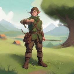 A halfling farmer ranger standing in a lush green field, holding a bow and arrow