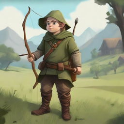 A halfling farmer ranger standing in a lush green field, holding a bow and arrow