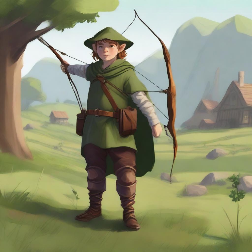 A halfling farmer ranger standing in a lush green field, holding a bow and arrow