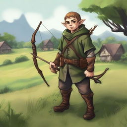 A halfling farmer ranger standing in a lush green field, holding a bow and arrow