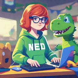 A lively scene featuring a redhead streamer wearing glasses and a blue hoodie, playing games on a computer