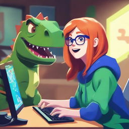 A lively scene featuring a redhead streamer wearing glasses and a blue hoodie, playing games on a computer