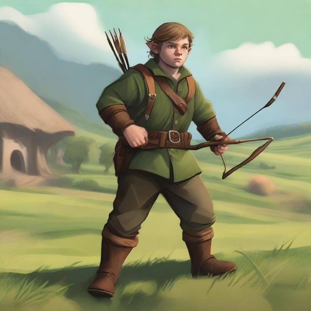 A halfling farmer ranger standing in a lush green field, wearing overalls and holding a bow and arrow