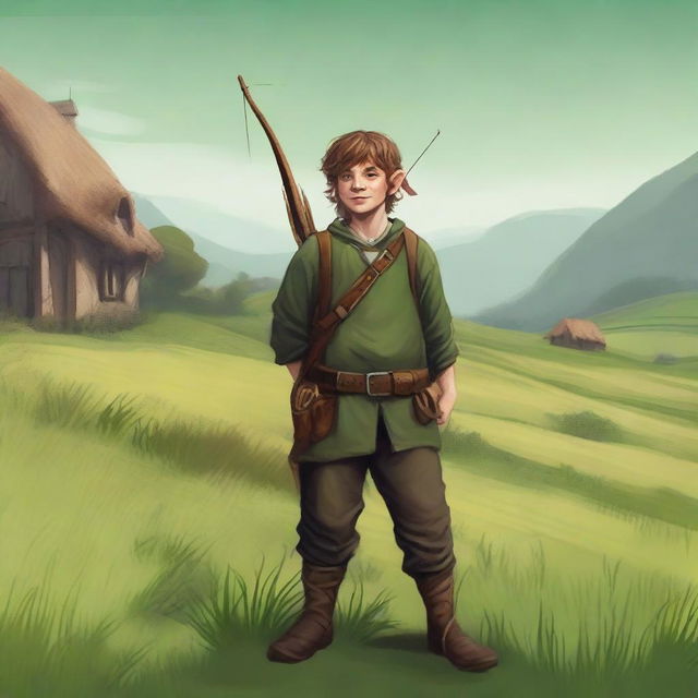 A halfling farmer ranger standing in a lush green field, wearing overalls and holding a bow and arrow