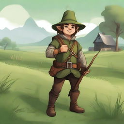 A halfling farmer ranger standing in a lush green field, wearing overalls and holding a bow and arrow