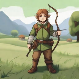 A halfling farmer ranger standing in a lush green field, wearing overalls and holding a bow and arrow