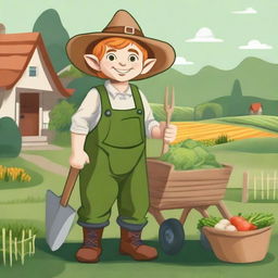 A halfling farmer holding a pitchfork and standing next to a wheelbarrow filled with freshly harvested vegetables