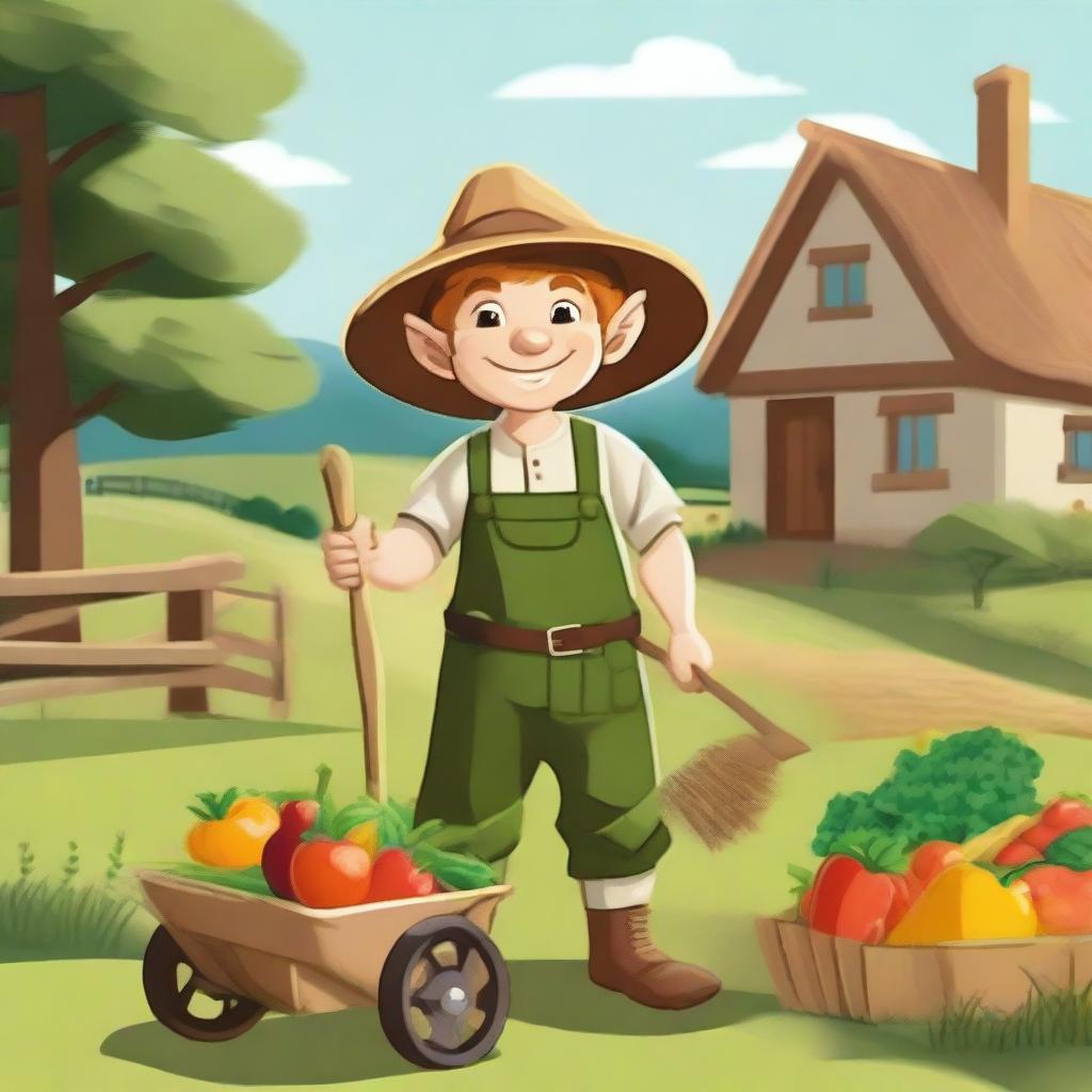 A halfling farmer holding a pitchfork and standing next to a wheelbarrow filled with freshly harvested vegetables