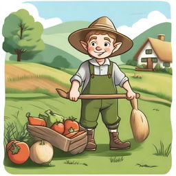 A halfling farmer holding a pitchfork and standing next to a wheelbarrow filled with freshly harvested vegetables