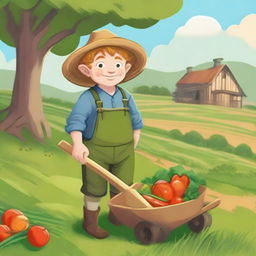 A halfling farmer holding a pitchfork and standing next to a wheelbarrow filled with freshly harvested vegetables