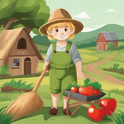 A blonde halfling farmer holding a pitchfork and standing next to a wheelbarrow filled with freshly harvested vegetables