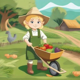 A blonde halfling farmer holding a pitchfork and standing next to a wheelbarrow filled with freshly harvested vegetables