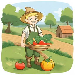 A blonde halfling farmer holding a pitchfork and standing next to a wheelbarrow filled with freshly harvested vegetables