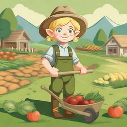 A blonde halfling farmer holding a pitchfork and standing next to a wheelbarrow filled with freshly harvested vegetables