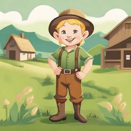 A blonde halfling farmer holding a pitchfork, standing confidently in a lush green field