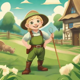 A blonde halfling farmer holding a pitchfork, standing confidently in a lush green field