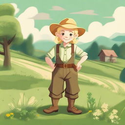 A blonde halfling farmer holding a pitchfork, standing confidently in a lush green field