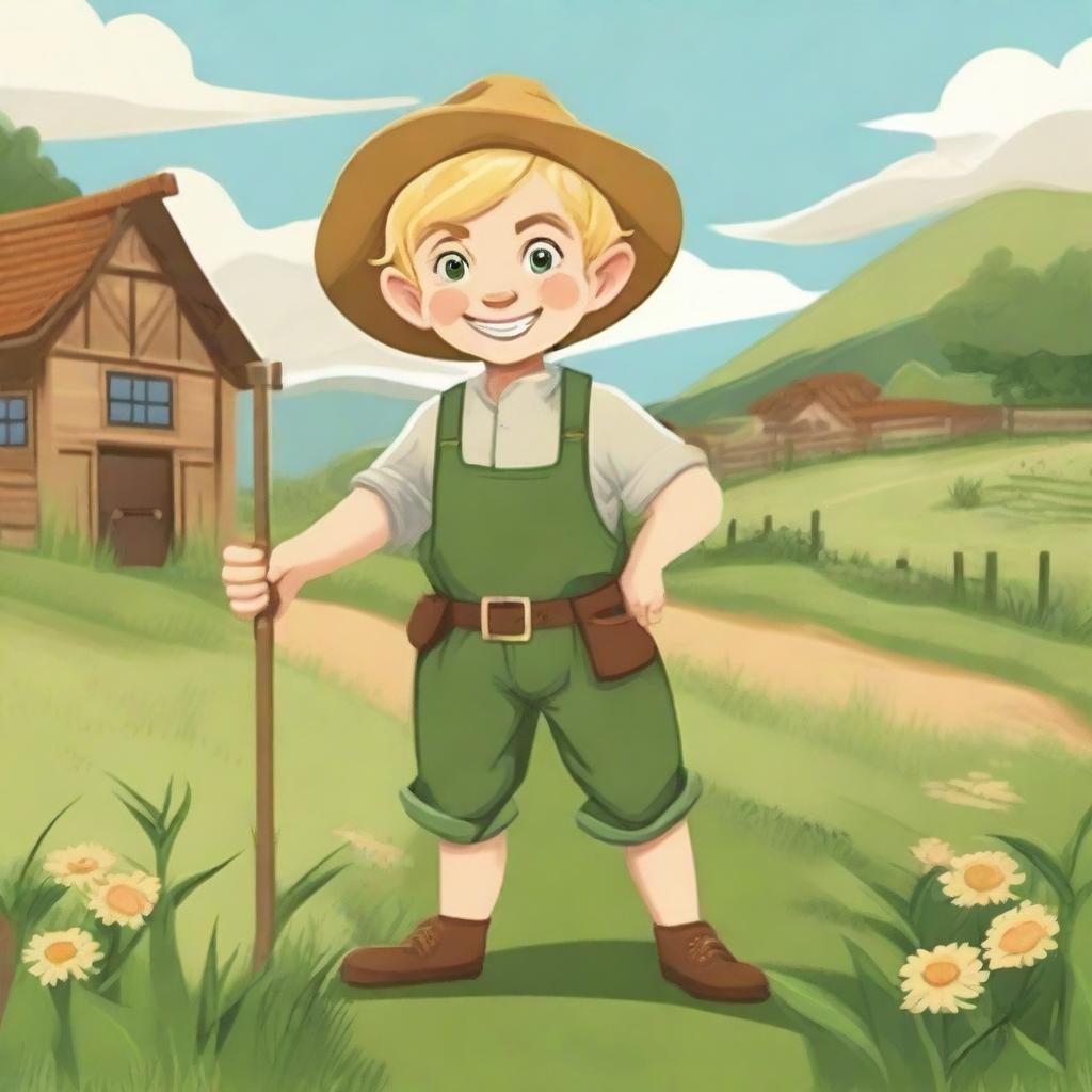 A blonde halfling farmer holding a pitchfork, standing confidently in a lush green field