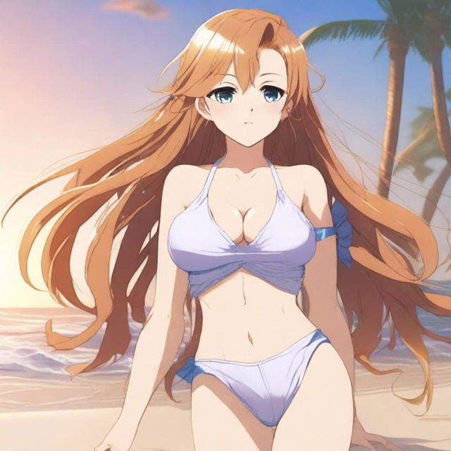 A sexy anime girl in a swimsuit, posing on a beach with the ocean waves in the background