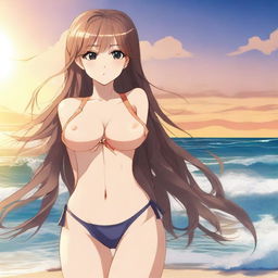 A sexy anime girl in a swimsuit, posing on a beach with the ocean waves in the background