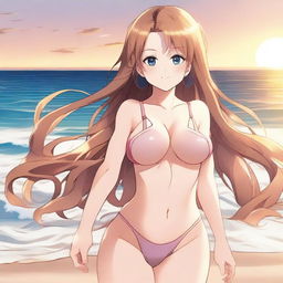 A sexy anime girl in a swimsuit, posing on a beach with the ocean waves in the background