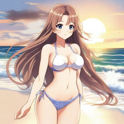 A sexy anime girl in a swimsuit, posing on a beach with the ocean waves in the background