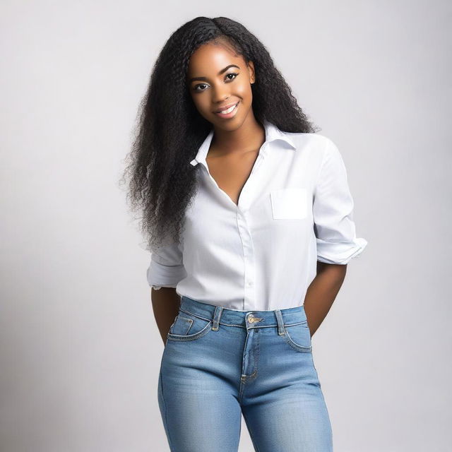 A beautiful young black woman who is 18 years old, wearing a white blouse and jeans