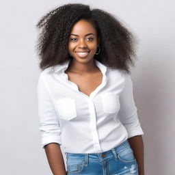 A beautiful young black woman who is 18 years old, wearing a white blouse and jeans