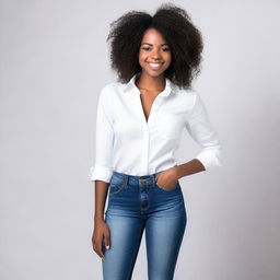 A beautiful young black woman who is 18 years old, wearing a white blouse and jeans