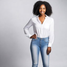 A beautiful young black woman who is 18 years old, wearing a white blouse and jeans