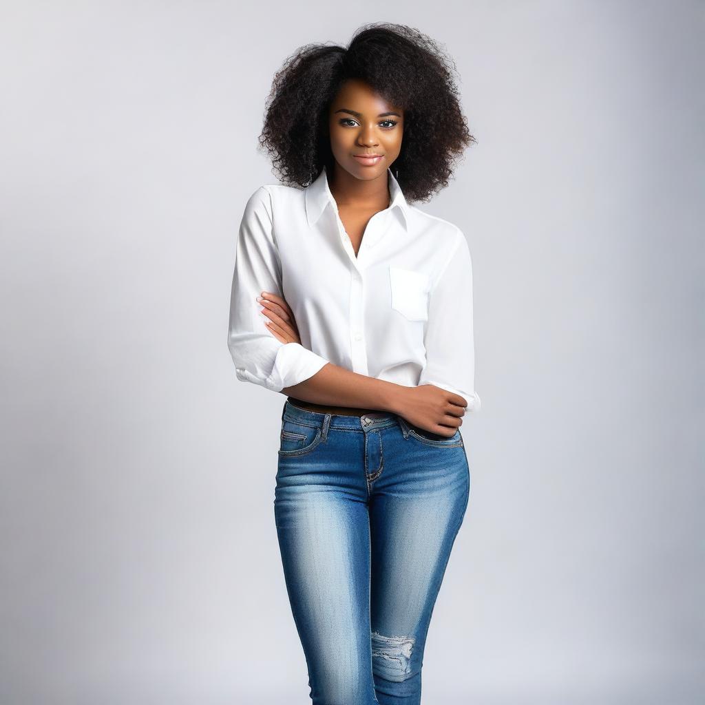 A beautiful young black woman, around 18 years old, wearing a white blouse and jeans