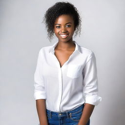 A beautiful young black woman, around 18 years old, wearing a white blouse and jeans