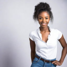 A beautiful young black woman, around 18 years old, wearing a white blouse and jeans