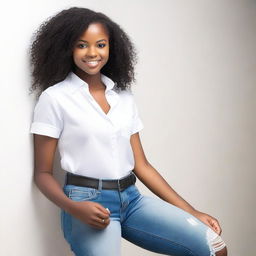 A beautiful young black woman, around 18 years old, wearing a white blouse and jeans