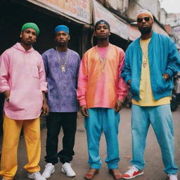 Four slim, stylishly dressed rappers standing confidently in a bustling Indian market, illuminated by the vibrant colors and diverse textures of the locale.