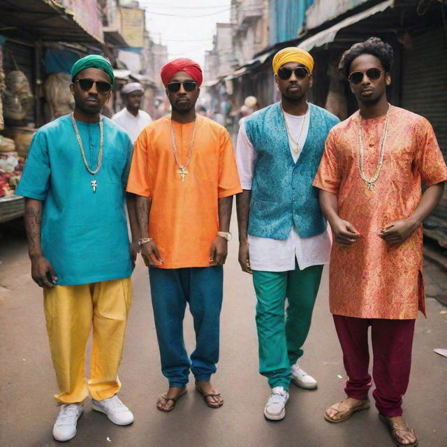 Four slim, stylishly dressed rappers standing confidently in a bustling Indian market, illuminated by the vibrant colors and diverse textures of the locale.