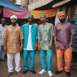 Four slim, stylishly dressed rappers standing confidently in a bustling Indian market, illuminated by the vibrant colors and diverse textures of the locale.