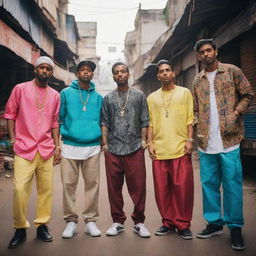 Four slim, stylishly dressed rappers standing confidently in a bustling Indian market, illuminated by the vibrant colors and diverse textures of the locale.