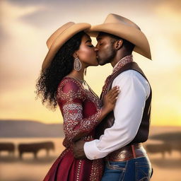 A black woman kissing an American cowboy